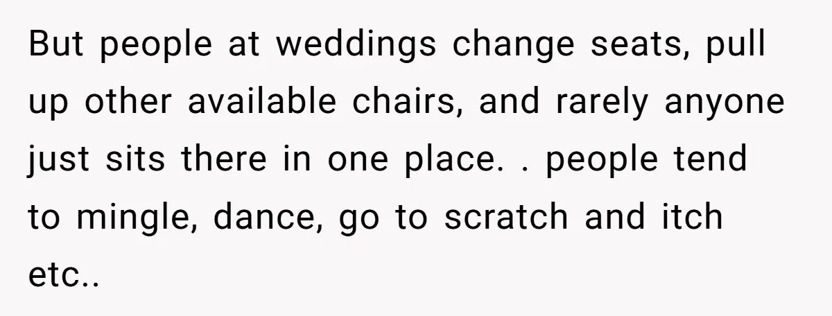 But people at weddings change seats, pull up other available chairs, and rarely anyone just sits there in one place. . people tend to mingle, dance, go to scratch and...