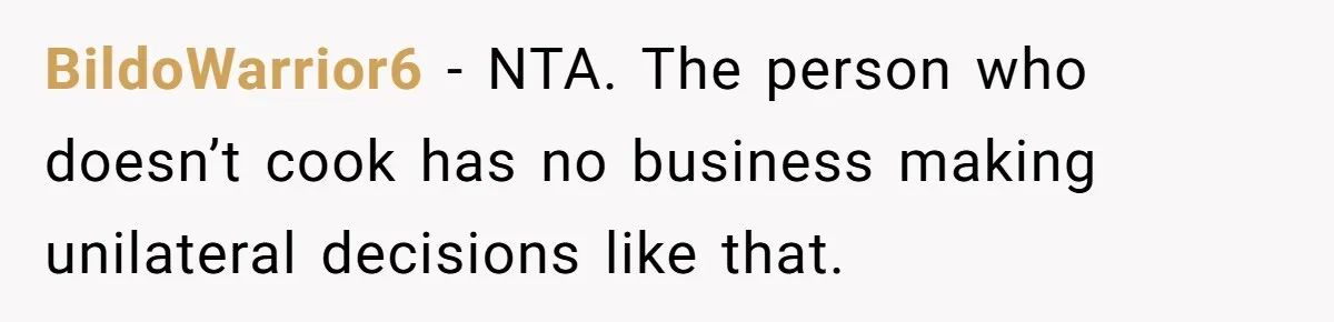 BildoWarrior6 − NTA. The person who doesn’t cook has no business making unilateral decisions like that.