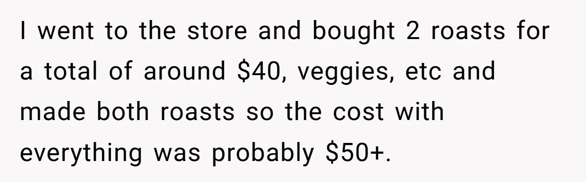 I went to the store and bought 2 roasts for a total of around $40, veggies, etc and made both roasts so the cost with everything was probably $50+.