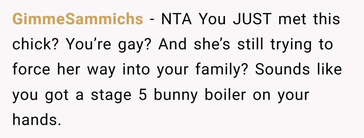 GimmeSammichs − NTA You JUST met this chick? You’re gay? And she’s still trying to force her way into your family? Sounds like you got a stage 5 bunny boiler...