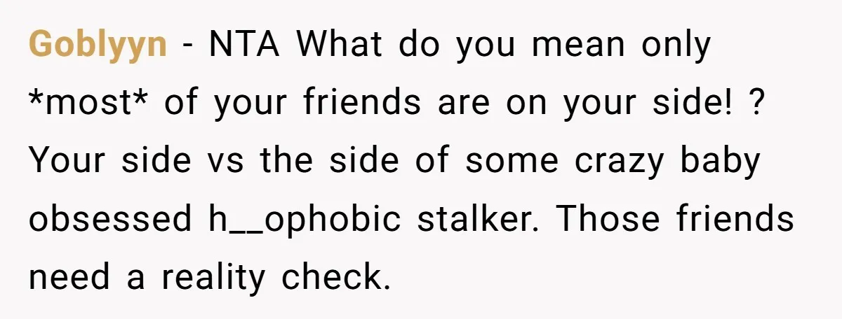 Goblyyn − NTA What do you mean only *most* of your friends are on your side! ? Your side vs the side of some crazy baby obsessed h__ophobic stalker. Those...