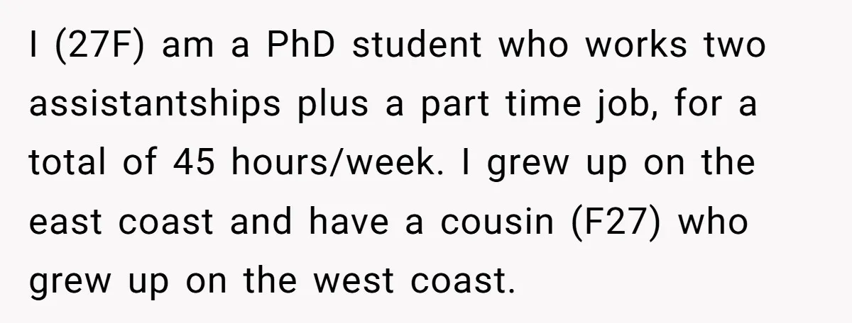 I (27F) am a PhD student who works two assistantships plus a part time job, for a total of 45 hours/week. I grew up on the east coast and have...