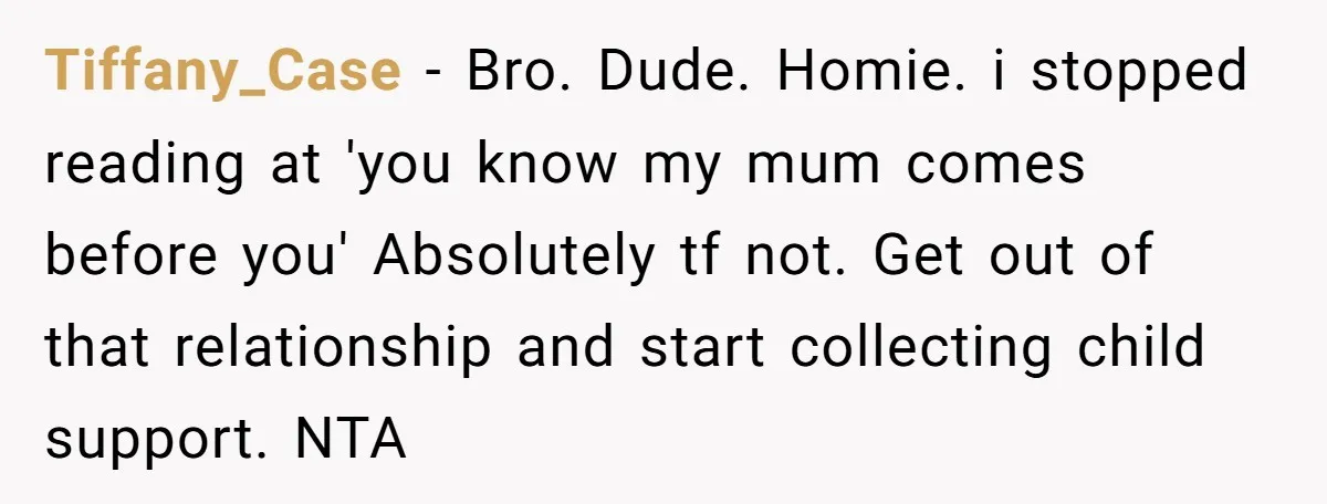 Tiffany_Case − Bro. Dude. Homie. i stopped reading at 'you know my mum comes before you' Absolutely tf not. Get out of that relationship and start collecting child support. NTA