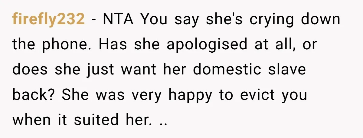 firefly232 − NTA You say she's crying down the phone. Has she apologised at all, or does she just want her domestic slave back? She was very happy to evict...