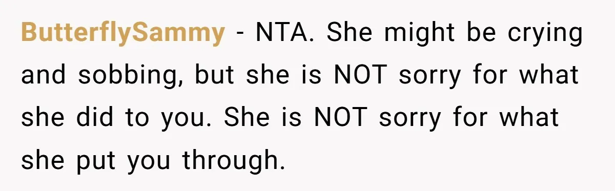 ButterflySammy − NTA. She might be crying and sobbing, but she is NOT sorry for what she did to you. She is NOT sorry for what she put you through.