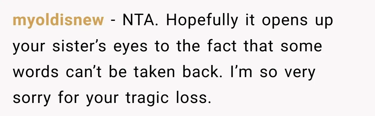 myoldisnew − NTA. Hopefully it opens up your sister’s eyes to the fact that some words can’t be taken back. I’m so very sorry for your tragic loss.