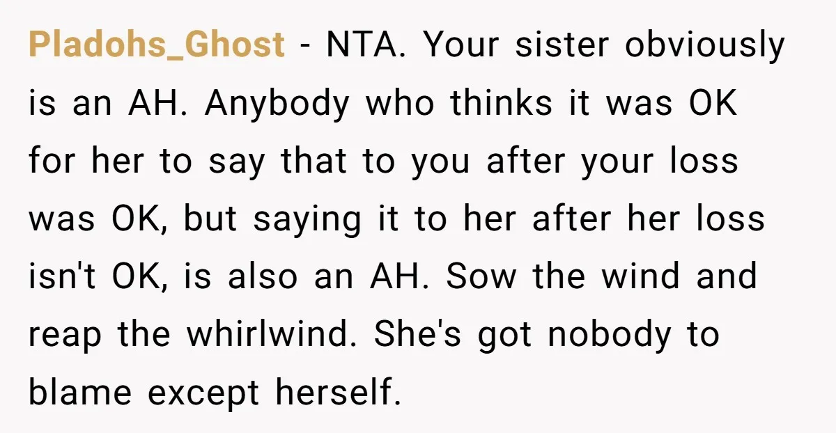 Pladohs_Ghost − NTA. Your sister obviously is an AH. Anybody who thinks it was OK for her to say that to you after your loss was OK, but saying it...