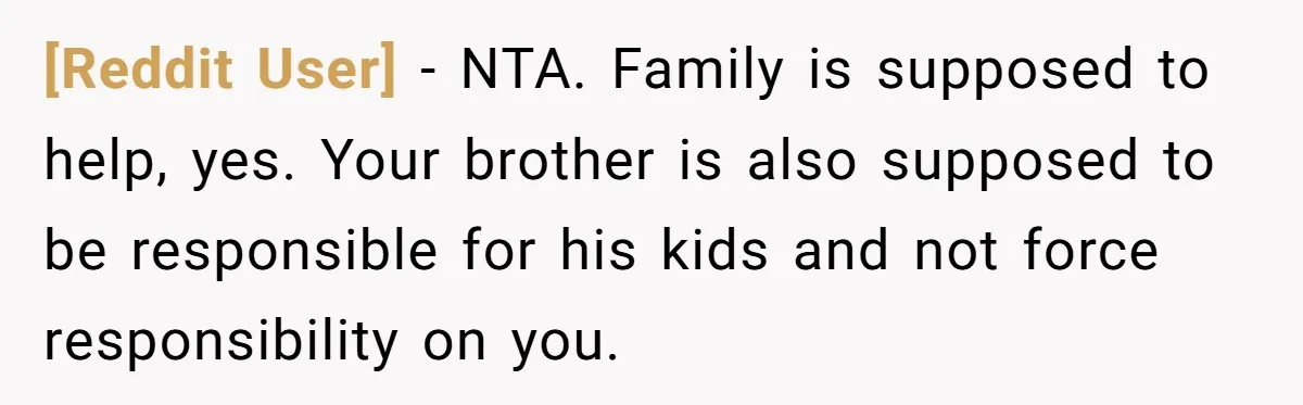 [Reddit User] − NTA. Family is supposed to help, yes. Your brother is also supposed to be responsible for his kids and not force responsibility on you.