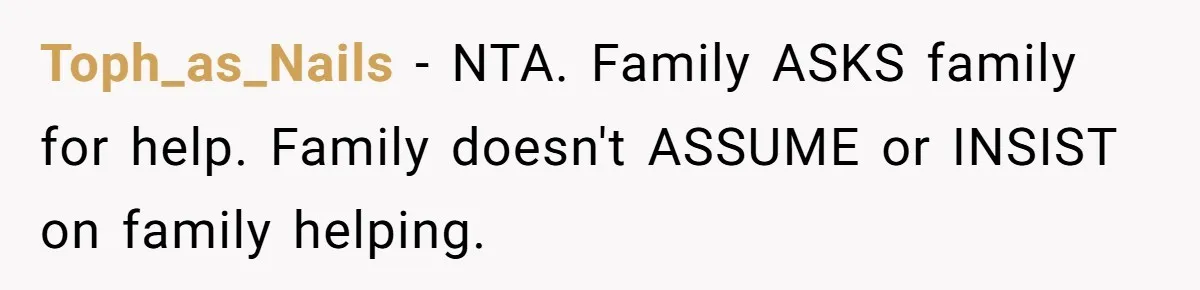 Toph_as_Nails − NTA. Family ASKS family for help. Family doesn't ASSUME or INSIST on family helping.