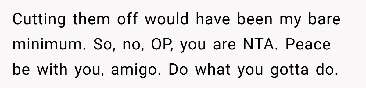 Cutting them off would have been my bare minimum. So, no, OP, you are NTA. Peace be with you, amigo. Do what you gotta do.