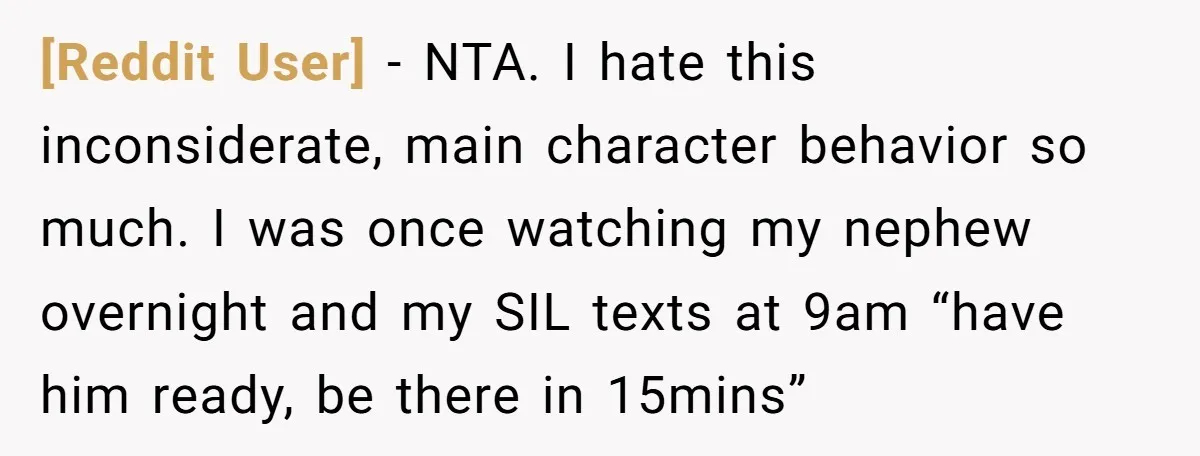 [Reddit User] − NTA. I hate this inconsiderate, main character behavior so much. I was once watching my nephew overnight and my SIL texts at 9am “have him ready, be...