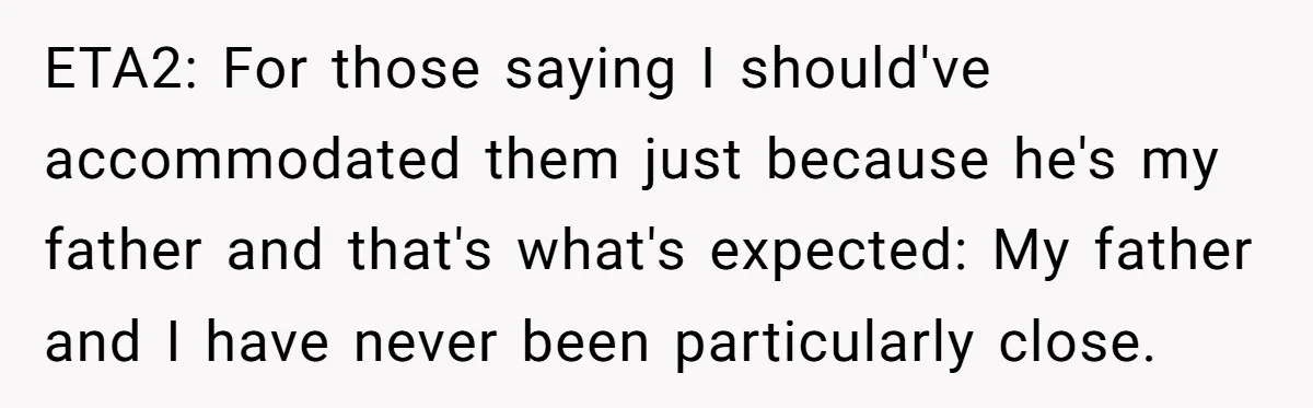 ETA2: For those saying I should've accommodated them just because he's my father and that's what's expected: My father and I have never been particularly close.