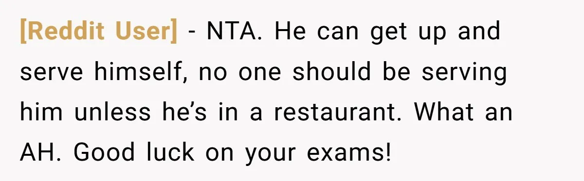 [Reddit User] − NTA. He can get up and serve himself, no one should be serving him unless he’s in a restaurant. What an AH. Good luck on your exams!