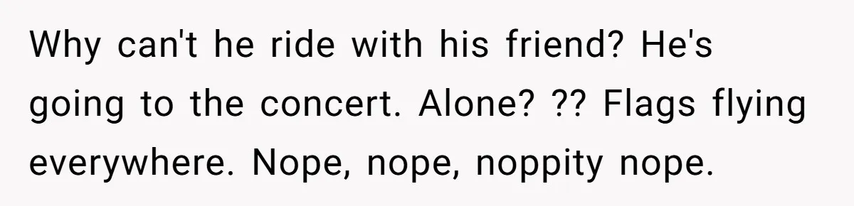 Why can't he ride with his friend? He's going to the concert. Alone? ?? Flags flying everywhere. Nope, nope, noppity nope.
