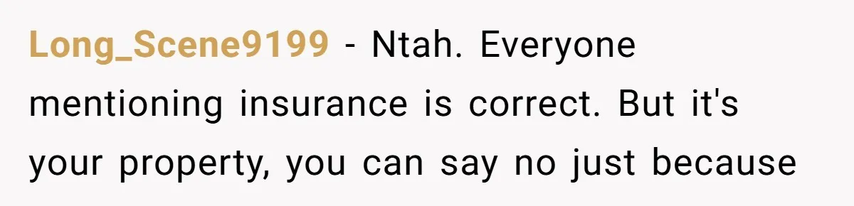 Long_Scene9199 − Ntah. Everyone mentioning insurance is correct. But it's your property, you can say no just because