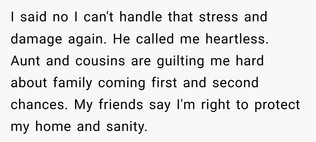 I said no I can't handle that stress and damage again. He called me heartless. Aunt and cousins are guilting me hard about family coming first and second chances. My...
