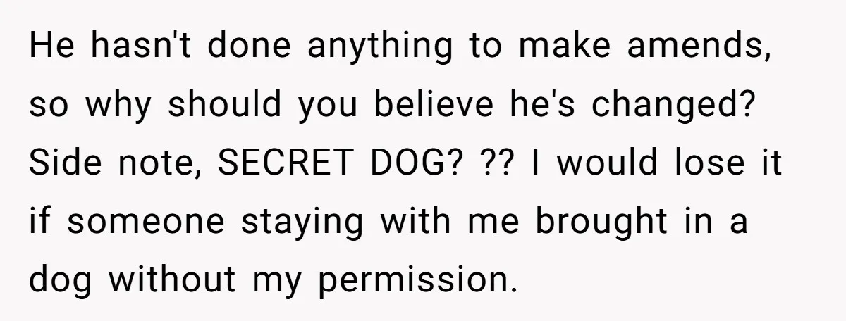 He hasn't done anything to make amends, so why should you believe he's changed? Side note, SECRET DOG? ?? I would lose it if someone staying with me brought in...