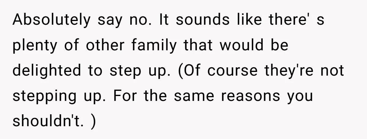 Absolutely say no. It sounds like there' s plenty of other family that would be delighted to step up. (Of course they're not stepping up. For the same reasons you...