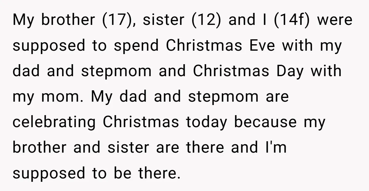 My brother (17), sister (12) and I (14f) were supposed to spend Christmas Eve with my dad and stepmom and Christmas Day with my mom. My dad and stepmom are...