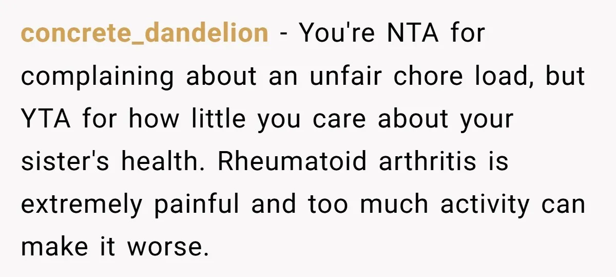 concrete_dandelion − You're NTA for complaining about an unfair chore load, but YTA for how little you care about your sister's health. Rheumatoid arthritis is extremely painful and too much...