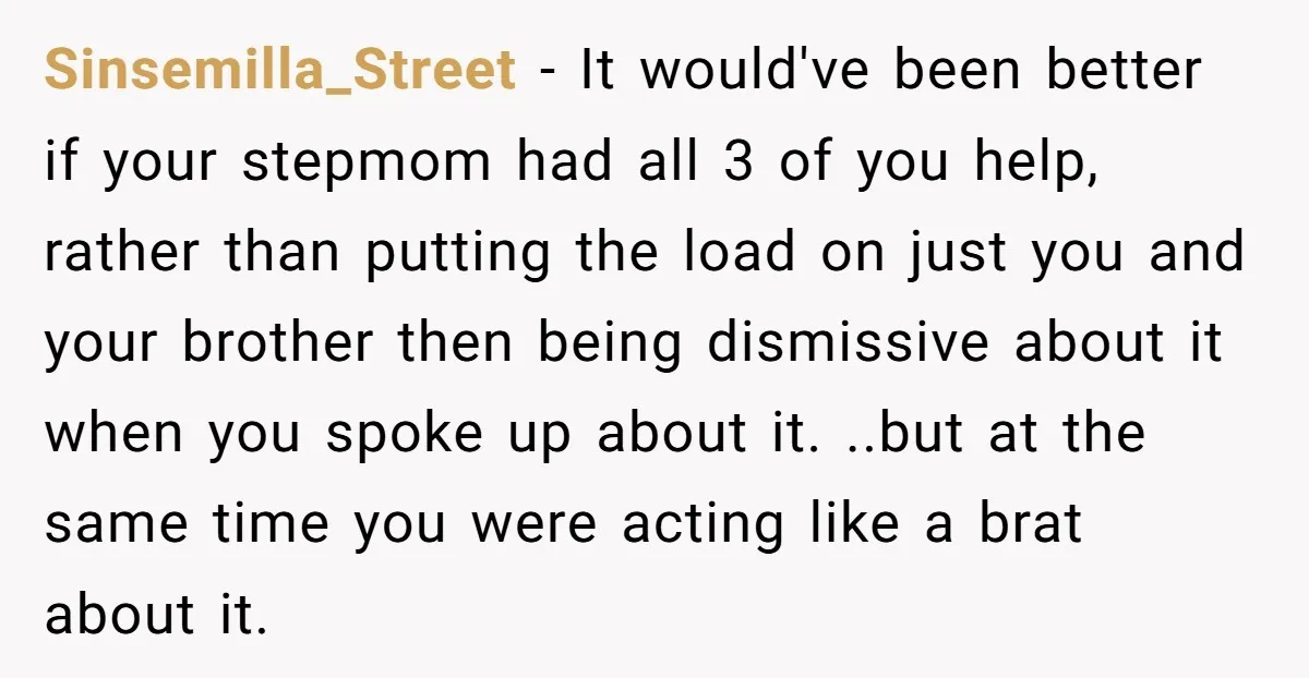 Sinsemilla_Street − It would've been better if your stepmom had all 3 of you help, rather than putting the load on just you and your brother then being dismissive about...