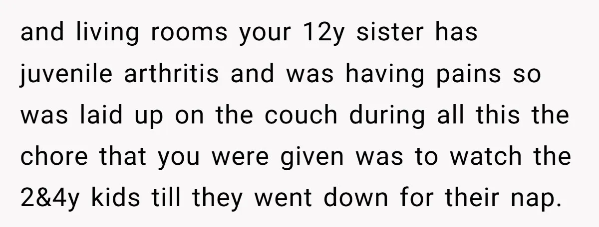 and living rooms your 12y sister has juvenile arthritis and was having pains so was laid up on the couch during all this the chore that you were given was...
