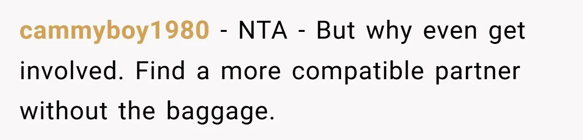 cammyboy1980 − NTA - But why even get involved. Find a more compatible partner without the baggage.