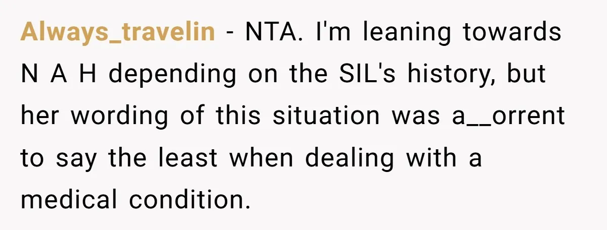 Always_travelin − NTA. I'm leaning towards N A H depending on the SIL's history, but her wording of this situation was a__orrent to say the least when dealing with a...