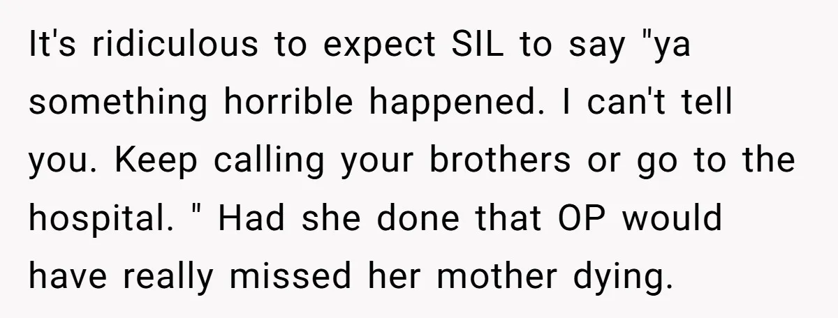 It's ridiculous to expect SIL to say "ya something horrible happened. I can't tell you. Keep calling your brothers or go to the hospital. " Had she done that OP...