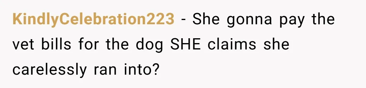 KindlyCelebration223 − She gonna pay the vet bills for the dog SHE claims she carelessly ran into?