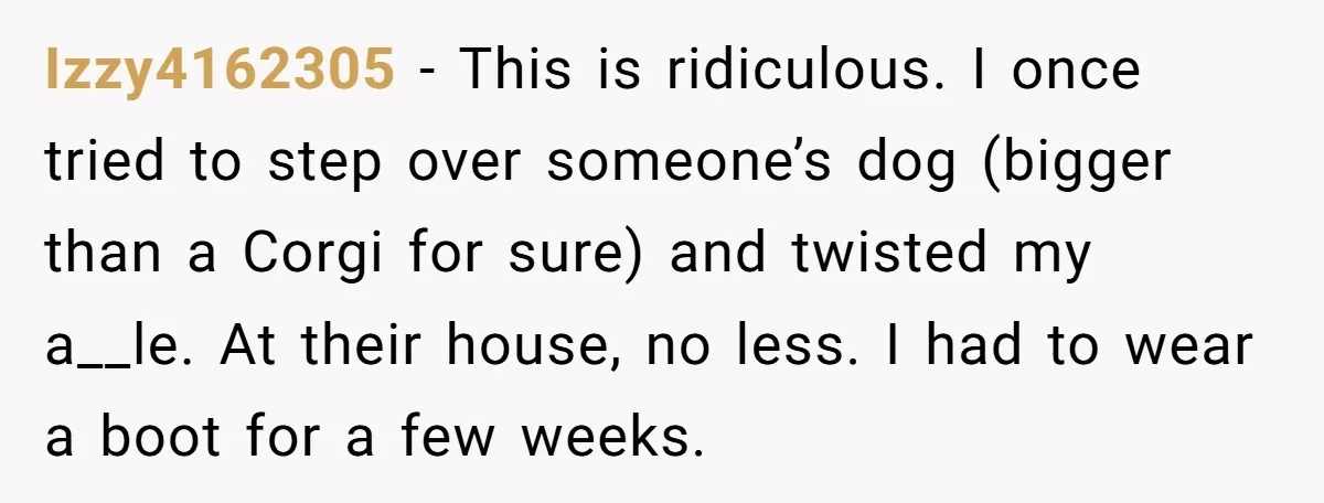 Izzy4162305 − This is ridiculous. I once tried to step over someone’s dog (bigger than a Corgi for sure) and twisted my a__le. At their house, no less. I had...