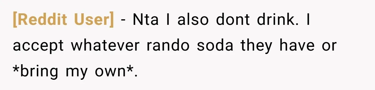 [Reddit User] − Nta I also dont drink. I accept whatever rando soda they have or *bring my own*.