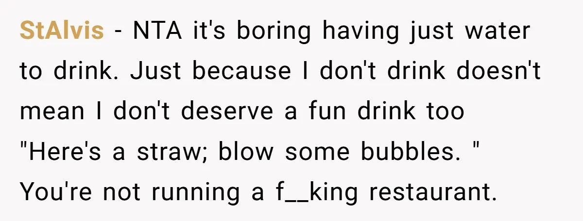 StAlvis − NTA it's boring having just water to drink. Just because I don't drink doesn't mean I don't deserve a fun drink too "Here's a straw; blow some bubbles....