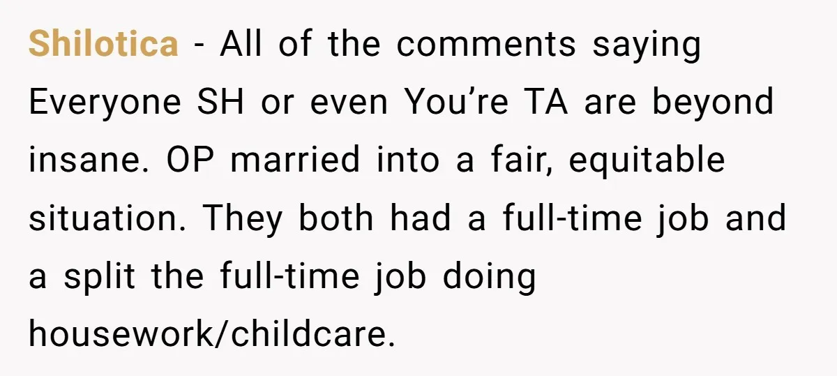 Shilotica − All of the comments saying Everyone SH or even You’re TA are beyond insane. OP married into a fair, equitable situation. They both had a full-time job and...