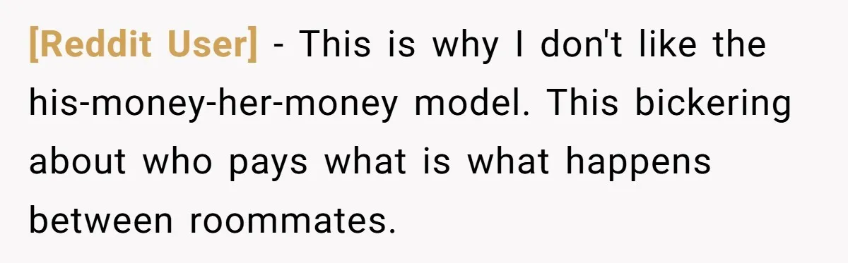 [Reddit User] − This is why I don't like the his-money-her-money model. This bickering about who pays what is what happens between roommates.