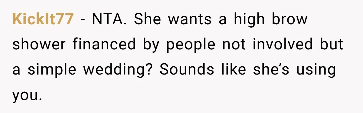 KickIt77 − NTA. She wants a high brow shower financed by people not involved but a simple wedding? Sounds like she’s using you.