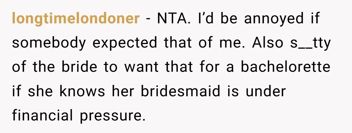 longtimelondoner − NTA. I’d be annoyed if somebody expected that of me. Also s__tty of the bride to want that for a bachelorette if she knows her bridesmaid is under...