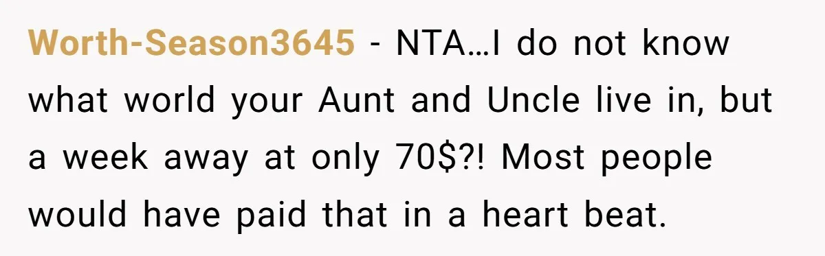 Worth-Season3645 − NTA…I do not know what world your Aunt and Uncle live in, but a week away at only 70$?! Most people would have paid that in a heart...