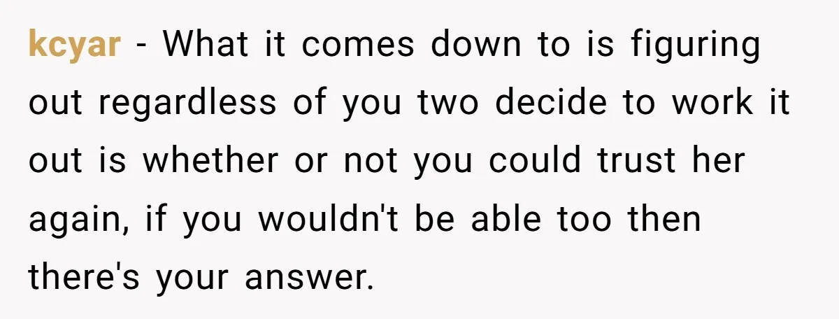 kcyar − What it comes down to is figuring out regardless of you two decide to work it out is whether or not you could trust her again, if you...