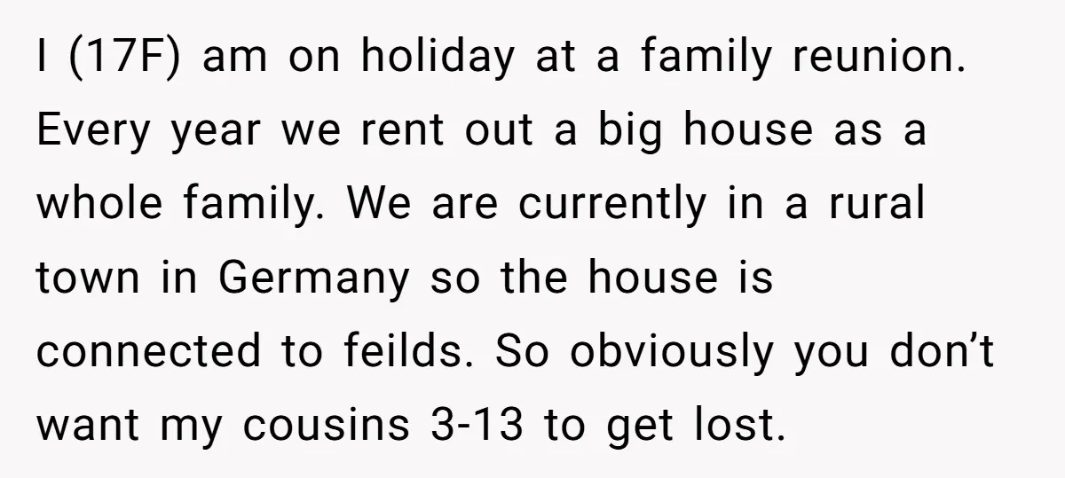 I (17F) am on holiday at a family reunion. Every year we rent out a big house as a whole family. We are currently in a rural town in Germany...