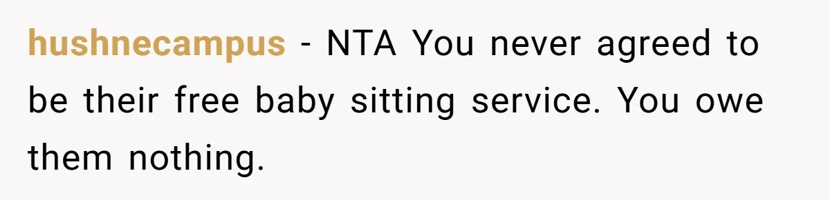 hushnecampus − NTA You never agreed to be their free baby sitting service. You owe them nothing.