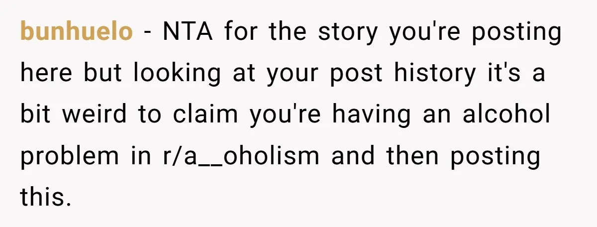 bunhuelo − NTA for the story you're posting here but looking at your post history it's a bit weird to claim you're having an alcohol problem in r/a__oholism and then...