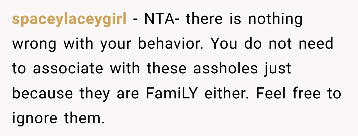 spaceylaceygirl − NTA- there is nothing wrong with your behavior. You do not need to associate with these assholes just because they are FamiLY either. Feel free to ignore them.