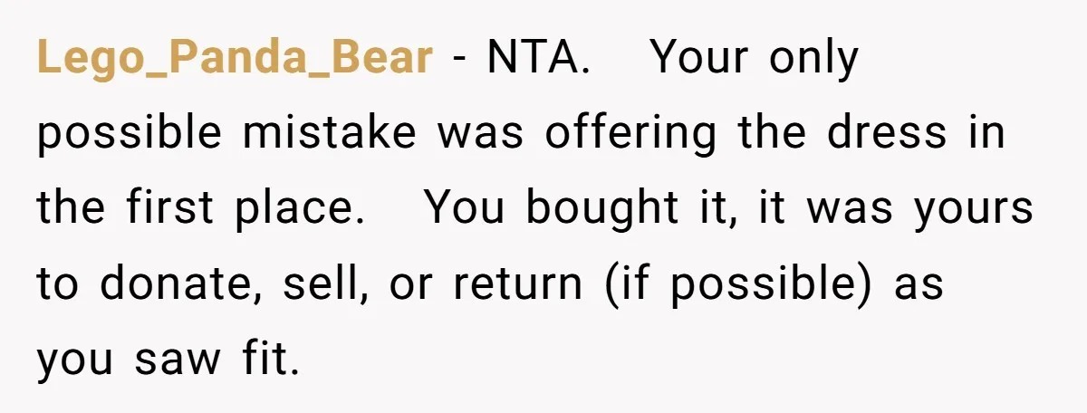 Lego_Panda_Bear − NTA. Your only possible mistake was offering the dress in the first place. You bought it, it was yours to donate, sell, or return (if possible) as you...