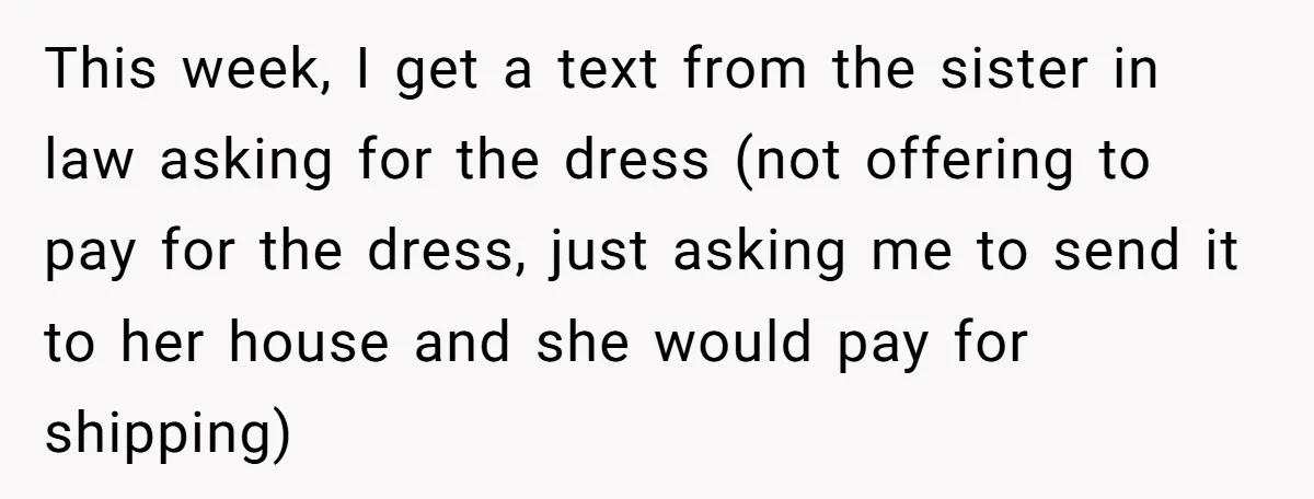 This week, I get a text from the sister in law asking for the dress (not offering to pay for the dress, just asking me to send it to her...