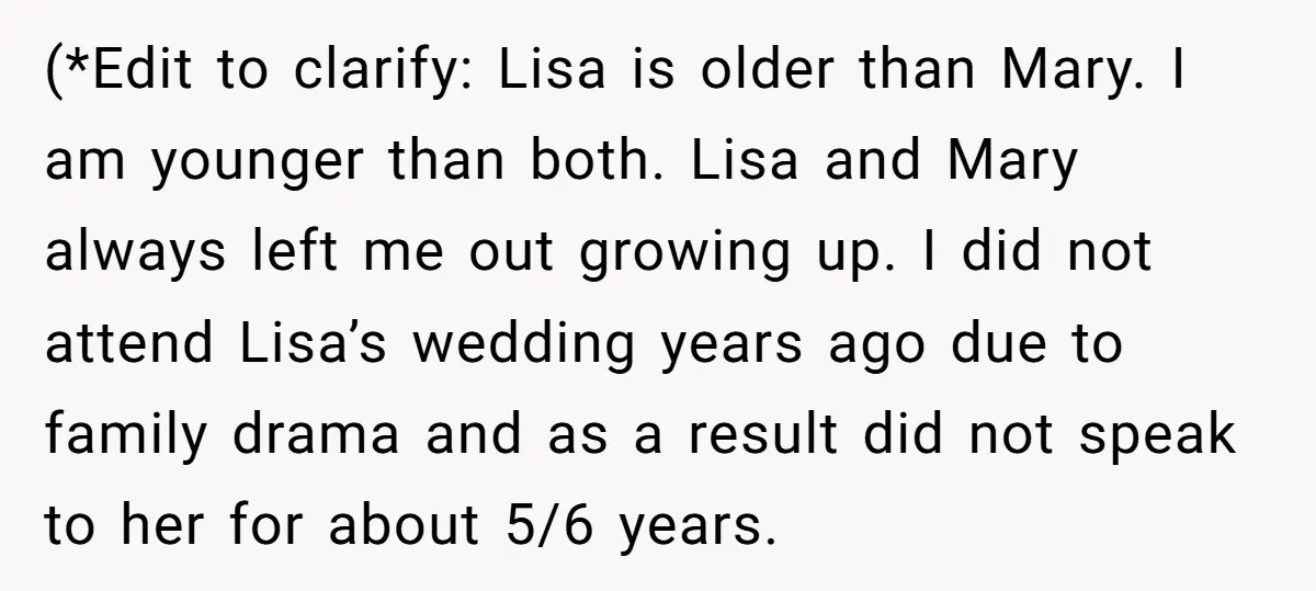 (*Edit to clarify: Lisa is older than Mary. I am younger than both. Lisa and Mary always left me out growing up. I did not attend Lisa’s wedding years ago...