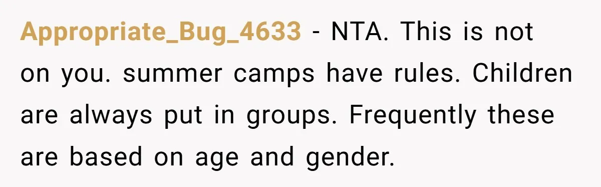 Appropriate_Bug_4633 − NTA. This is not on you. summer camps have rules. Children are always put in groups. Frequently these are based on age and gender.