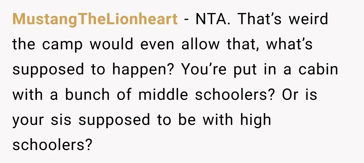 MustangTheLionheart − NTA. That’s weird the camp would even allow that, what’s supposed to happen? You’re put in a cabin with a bunch of middle schoolers? Or is your sis...