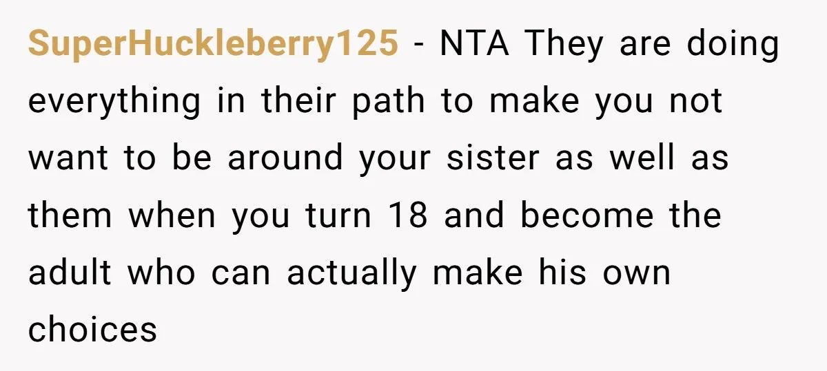 SuperHuckleberry125 − NTA They are doing everything in their path to make you not want to be around your sister as well as them when you turn 18 and become...