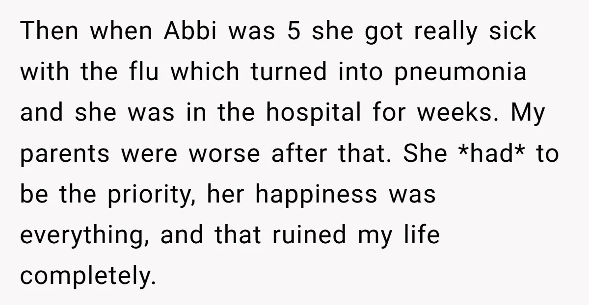 Then when Abbi was 5 she got really sick with the flu which turned into pneumonia and she was in the hospital for weeks. My parents were worse after that....
